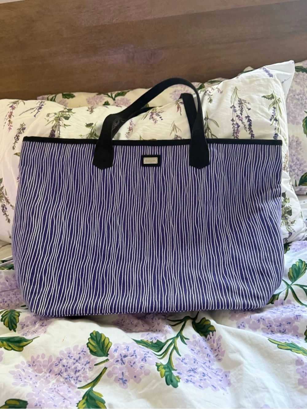 Ame & Lulu Purple & White Striped Tote with Black Handles
